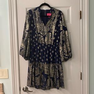 Lilly Pulitzer Navy and Gold Leaf Print Dress. EUC